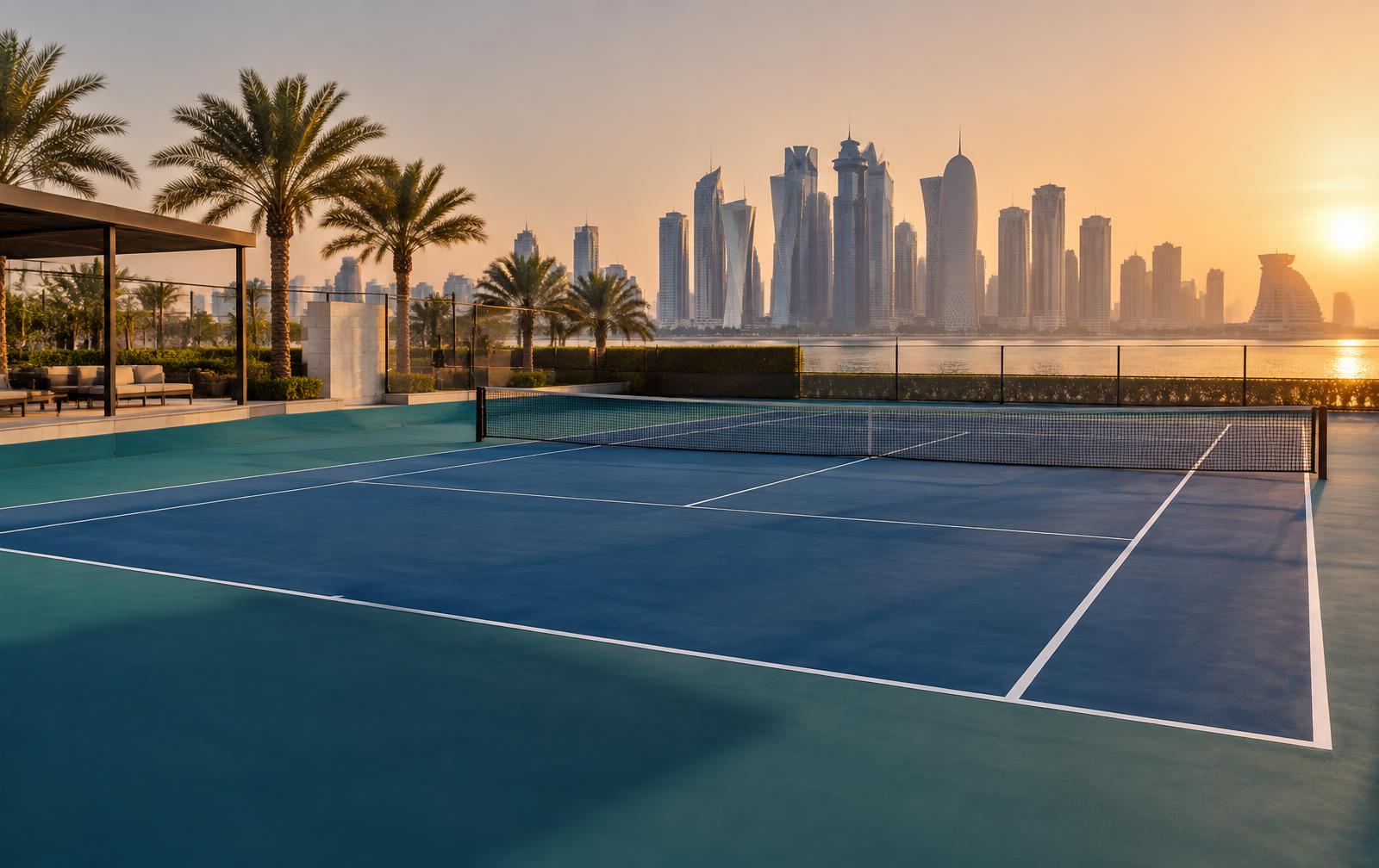 Blue hard tennis court overlooking the Doha skyline